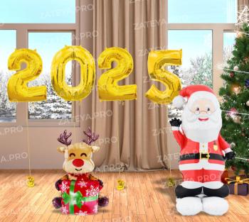 Композиция из воздушных шаров 2024 Эльфы с подарком и Елочка 6 шт Композиция из воздушных шаров 2024 Эльфы с подарком и Елочка 6 шт