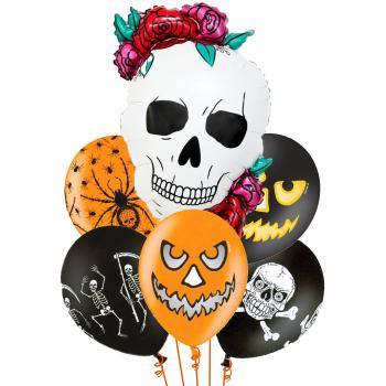 Букет Череп с орнаментом Фигура фольга 1шт+шары латекс с рис 5шт с гелием+обработка+грузик