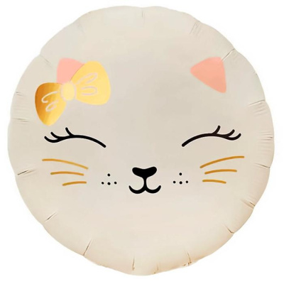 Шар Круг фольга 18" Кошечка с бантом кремовый (Fl)